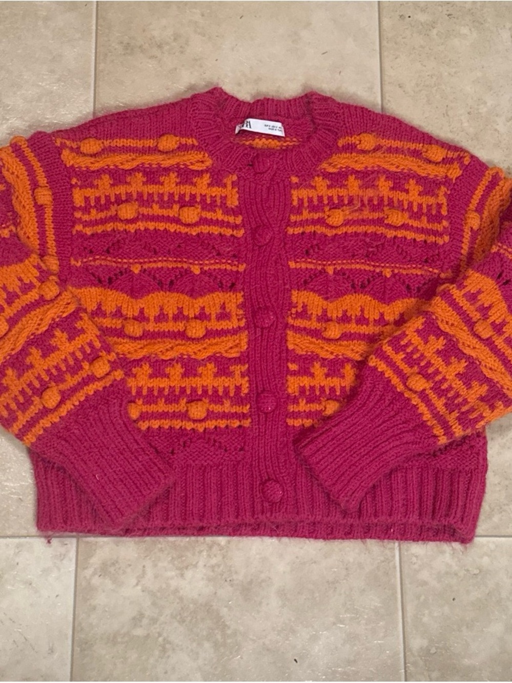 Zara Pink and Orange Patterned Knit Cardigan